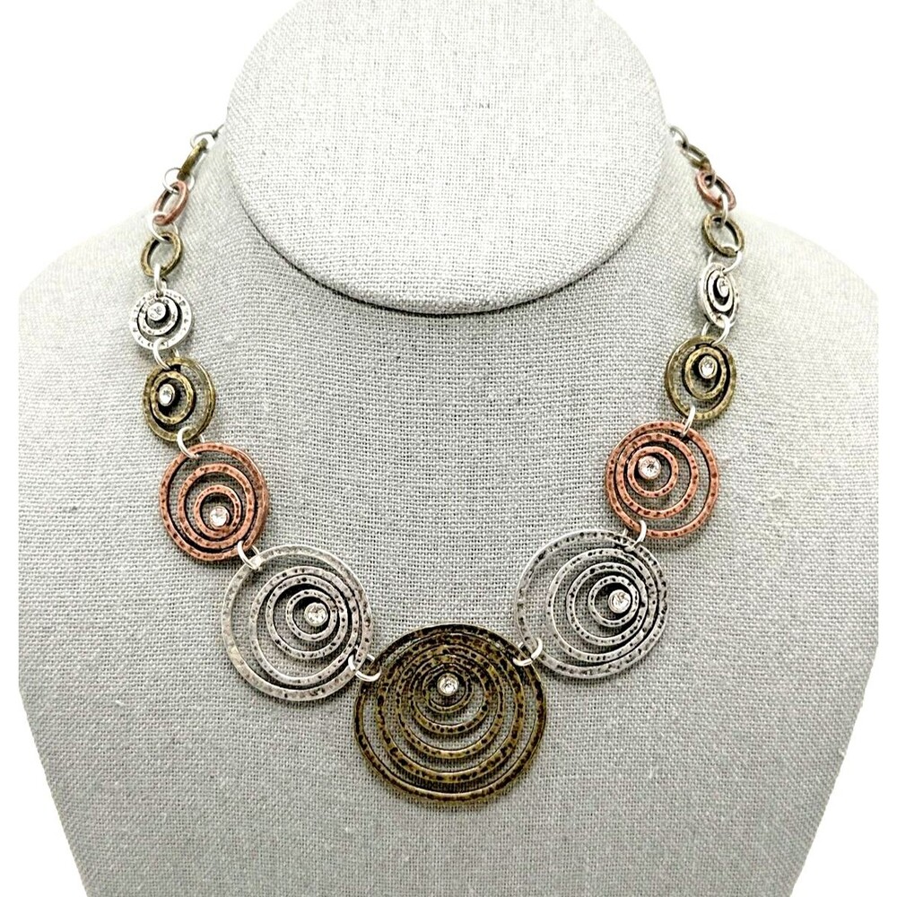Vintage Nordstrom VCLM Hammered Swirl Rings Bib Necklace Tri Color Choker 16-19"